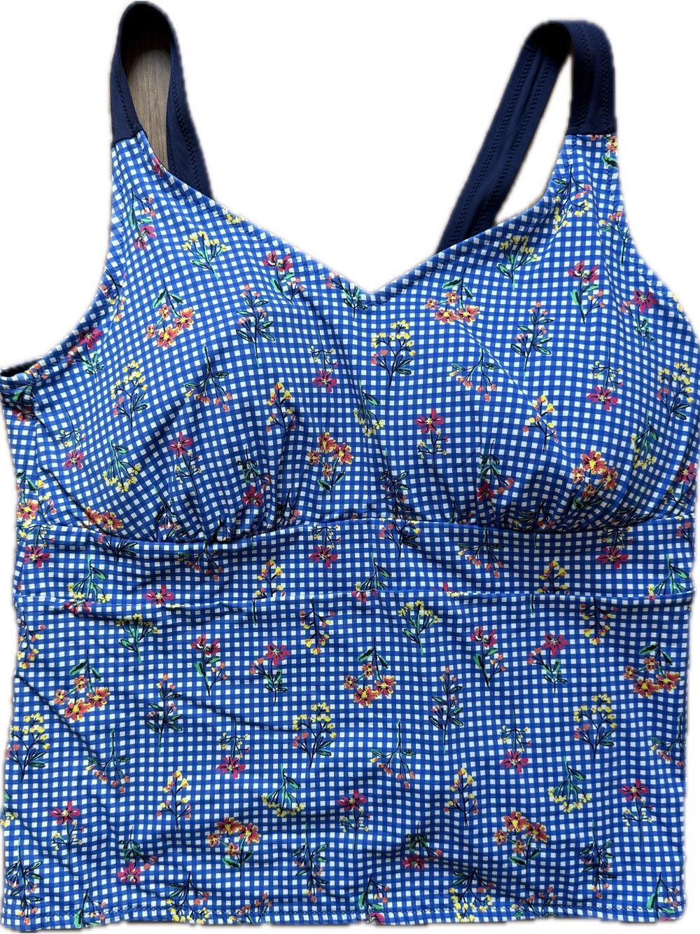 Lands' End Blue Gingham Floral Swim Top